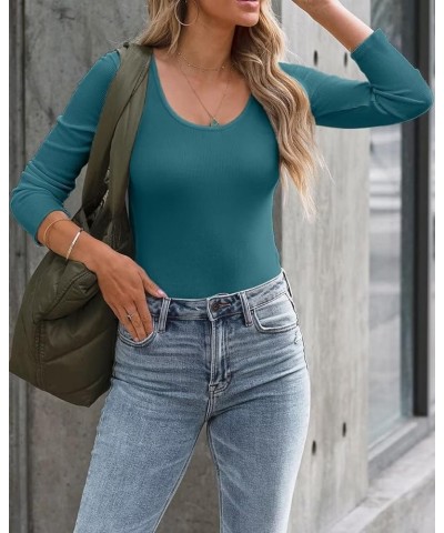 Summer Women's Scoop Neck Short Sleeve Shirts Ribbed Slim Fitted Casual Basic Top Blouses Long Sleeve Long-teal $12.47 Blouses