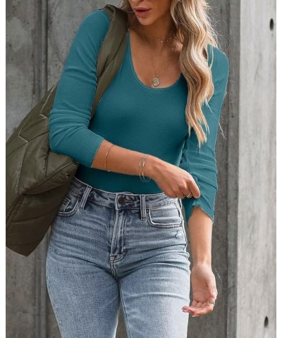 Summer Women's Scoop Neck Short Sleeve Shirts Ribbed Slim Fitted Casual Basic Top Blouses Long Sleeve Long-teal $12.47 Blouses