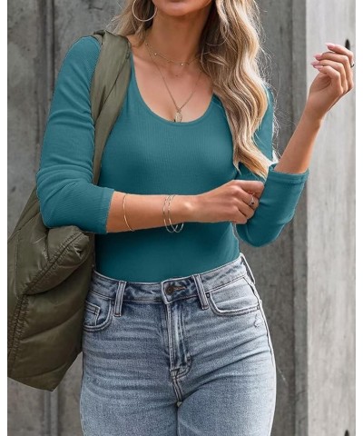 Summer Women's Scoop Neck Short Sleeve Shirts Ribbed Slim Fitted Casual Basic Top Blouses Long Sleeve Long-teal $12.47 Blouses