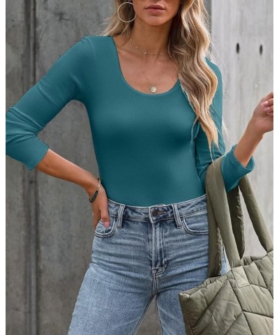 Summer Women's Scoop Neck Short Sleeve Shirts Ribbed Slim Fitted Casual Basic Top Blouses Long Sleeve Long-teal $12.47 Blouses