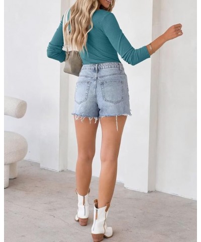 Summer Women's Scoop Neck Short Sleeve Shirts Ribbed Slim Fitted Casual Basic Top Blouses Long Sleeve Long-teal $12.47 Blouses