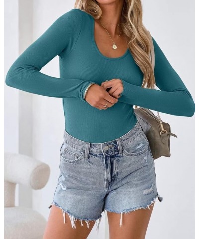 Summer Women's Scoop Neck Short Sleeve Shirts Ribbed Slim Fitted Casual Basic Top Blouses Long Sleeve Long-teal $12.47 Blouses