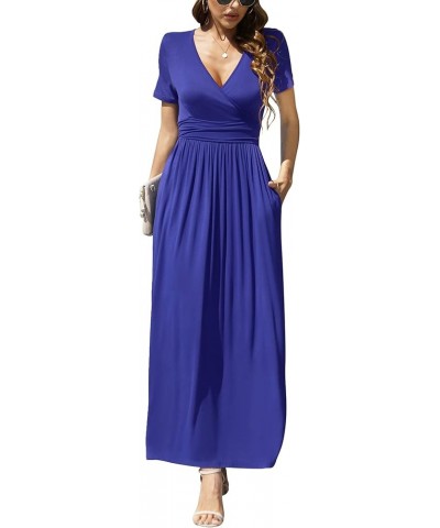 Women's Summer Short Sleeves Dress Wrap Waist Maxi Dresses with Pockets Royal Blue $19.32 Dresses