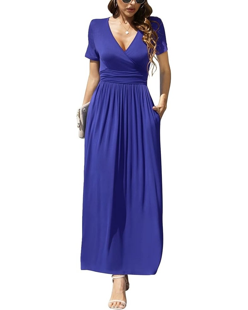 Women's Summer Short Sleeves Dress Wrap Waist Maxi Dresses with Pockets Royal Blue $19.32 Dresses