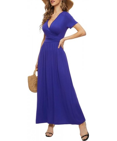 Women's Summer Short Sleeves Dress Wrap Waist Maxi Dresses with Pockets Royal Blue $19.32 Dresses