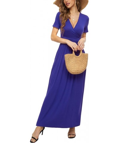 Women's Summer Short Sleeves Dress Wrap Waist Maxi Dresses with Pockets Royal Blue $19.32 Dresses