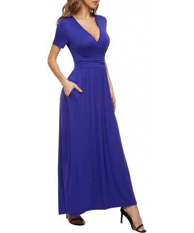 Women's Summer Short Sleeves Dress Wrap Waist Maxi Dresses with Pockets Royal Blue $19.32 Dresses