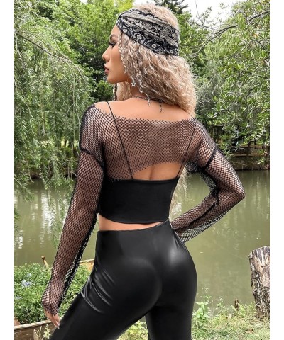 Women's Sheer Mesh Fishnet Shrug Crop Tops Off Shoulder Long Sleeve Cover Ups Without Cami Top Black $14.24 Sweaters