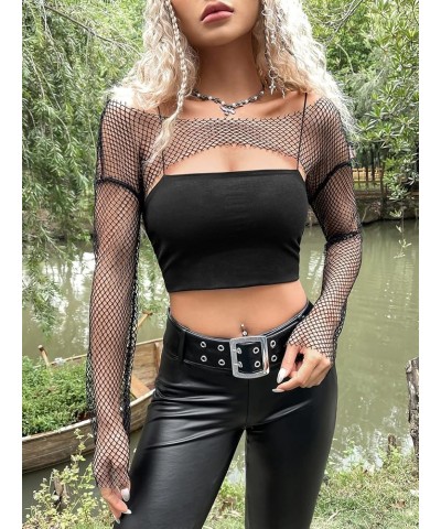 Women's Sheer Mesh Fishnet Shrug Crop Tops Off Shoulder Long Sleeve Cover Ups Without Cami Top Black $14.24 Sweaters