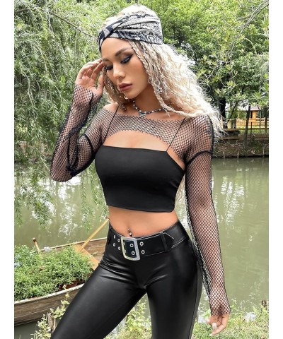 Women's Sheer Mesh Fishnet Shrug Crop Tops Off Shoulder Long Sleeve Cover Ups Without Cami Top Black $14.24 Sweaters