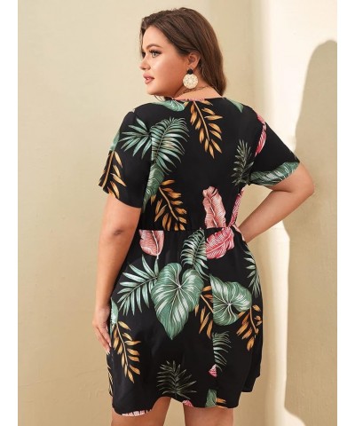 Women's Plus Size Tropical Short Sleeve Wrap V Neck A Line Flared Dress Black Green $16.52 Dresses