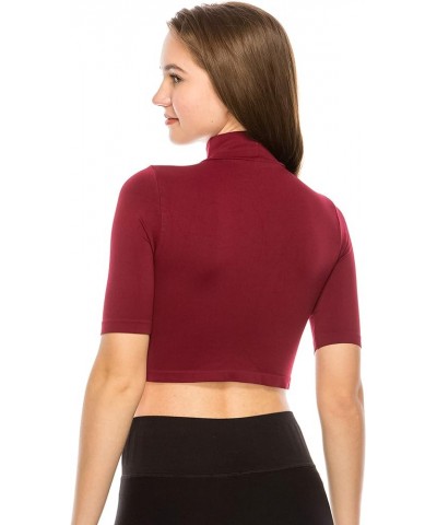 Women's Basic Crop Top – Mock Neck Elbow Length Sleeve Slim Fitted Ribbed Turtleneck Cropped T Shirt (Made in USA) Burgundy $...