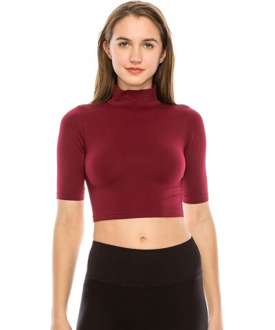 Women's Basic Crop Top – Mock Neck Elbow Length Sleeve Slim Fitted Ribbed Turtleneck Cropped T Shirt (Made in USA) Burgundy $...