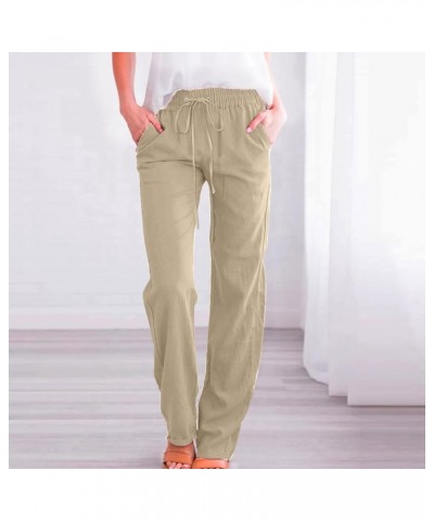 Women High Waist Linen Pants Straight Leg Casual Loose Summer Beach Lightweight Drawstring Cotton Linen Pant Trousers D2- Bei...