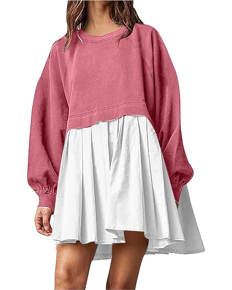 Womens Dress 2023 Trendy Long Sleeve Large Size Crewneck Pullover Tops Relaxed Fit Sweatshirts Mini Dresses Pink White $18.89...