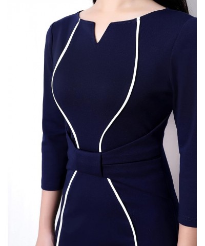 Womens Notch V Neck Bow Wear to Work Business Office Church Sheath Dress Navy and White Piping $19.36 Dresses