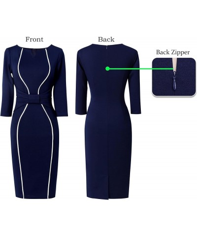 Womens Notch V Neck Bow Wear to Work Business Office Church Sheath Dress Navy and White Piping $19.36 Dresses