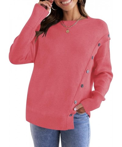 Women's 2024 Fall Winter Sweater Oversized Long Sleeve Crew Neck Casual Knit Pullover Jumper Tops Deco with Buttons Coral $29...