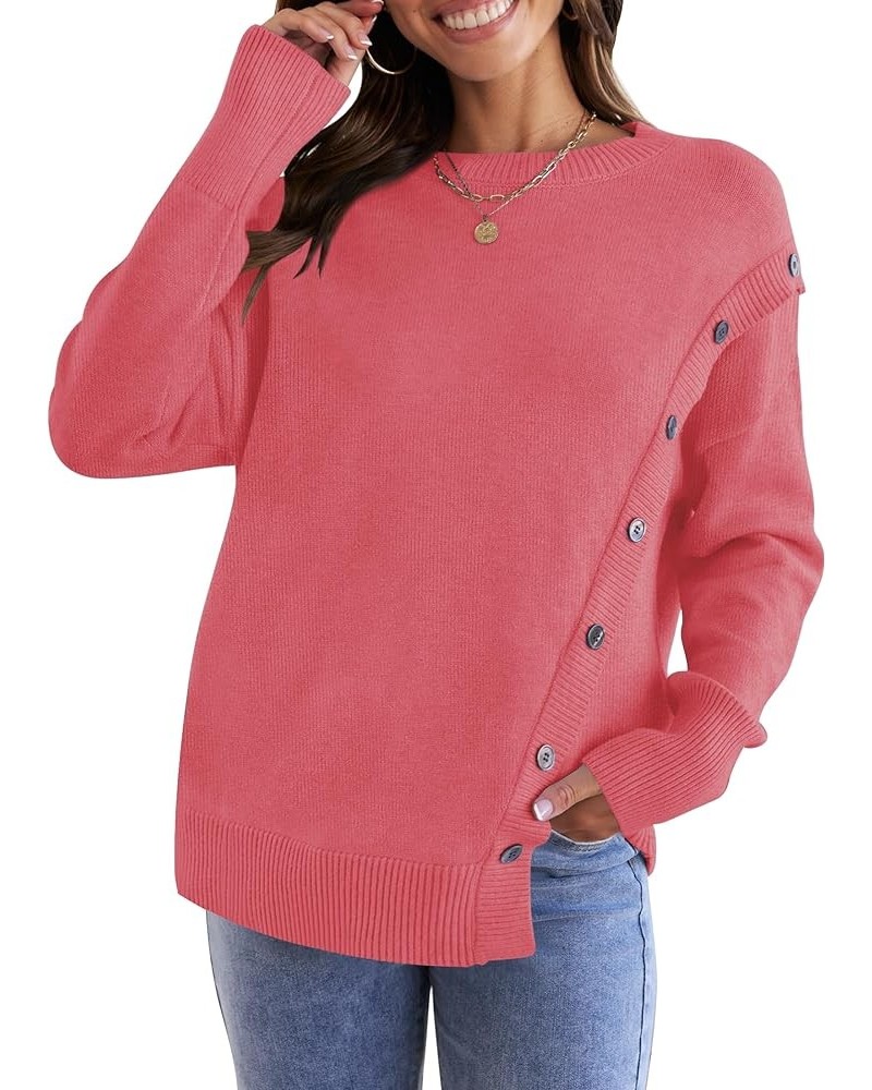 Women's 2024 Fall Winter Sweater Oversized Long Sleeve Crew Neck Casual Knit Pullover Jumper Tops Deco with Buttons Coral $29...