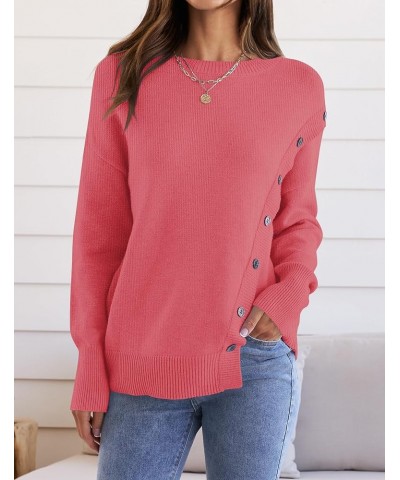 Women's 2024 Fall Winter Sweater Oversized Long Sleeve Crew Neck Casual Knit Pullover Jumper Tops Deco with Buttons Coral $29...