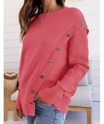 Women's 2024 Fall Winter Sweater Oversized Long Sleeve Crew Neck Casual Knit Pullover Jumper Tops Deco with Buttons Coral $29...