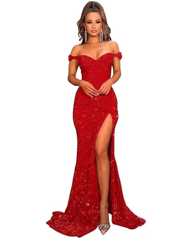 Sparkly Sequin Mermaid Prom Dresses for Women 2024 Long Bodycon Off Shoulder Formal Evening Party Gown with Slit Red $32.90 D...