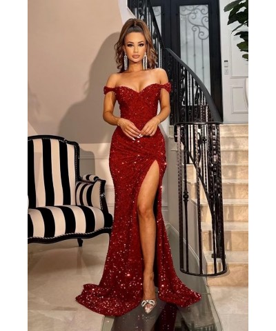 Sparkly Sequin Mermaid Prom Dresses for Women 2024 Long Bodycon Off Shoulder Formal Evening Party Gown with Slit Red $32.90 D...