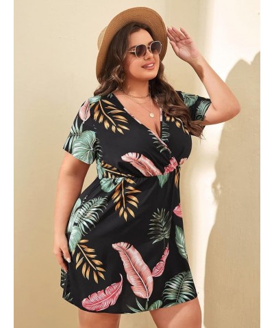 Women's Plus Size Tropical Short Sleeve Wrap V Neck A Line Flared Dress Black Green $16.52 Dresses