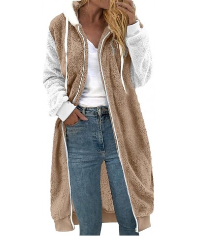 Plus Size Winter Coats for Women Full Zip Up Sherpa Jacket Fuzzy Fleece Long Hooded Jackets Warm Outwear with Pocket A21-khak...