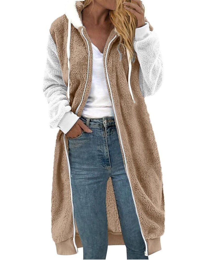 Plus Size Winter Coats for Women Full Zip Up Sherpa Jacket Fuzzy Fleece Long Hooded Jackets Warm Outwear with Pocket A21-khak...