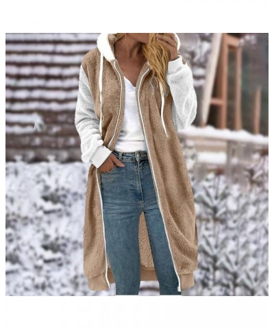 Plus Size Winter Coats for Women Full Zip Up Sherpa Jacket Fuzzy Fleece Long Hooded Jackets Warm Outwear with Pocket A21-khak...