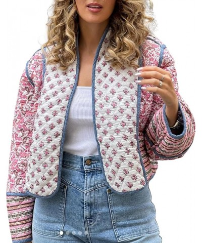 Women Floral Quilted Jacket Open Front Cropped Puffer Jacket Vintage Lightweight Padded Coat Ethnic Cardigan Outwear A Croppe...