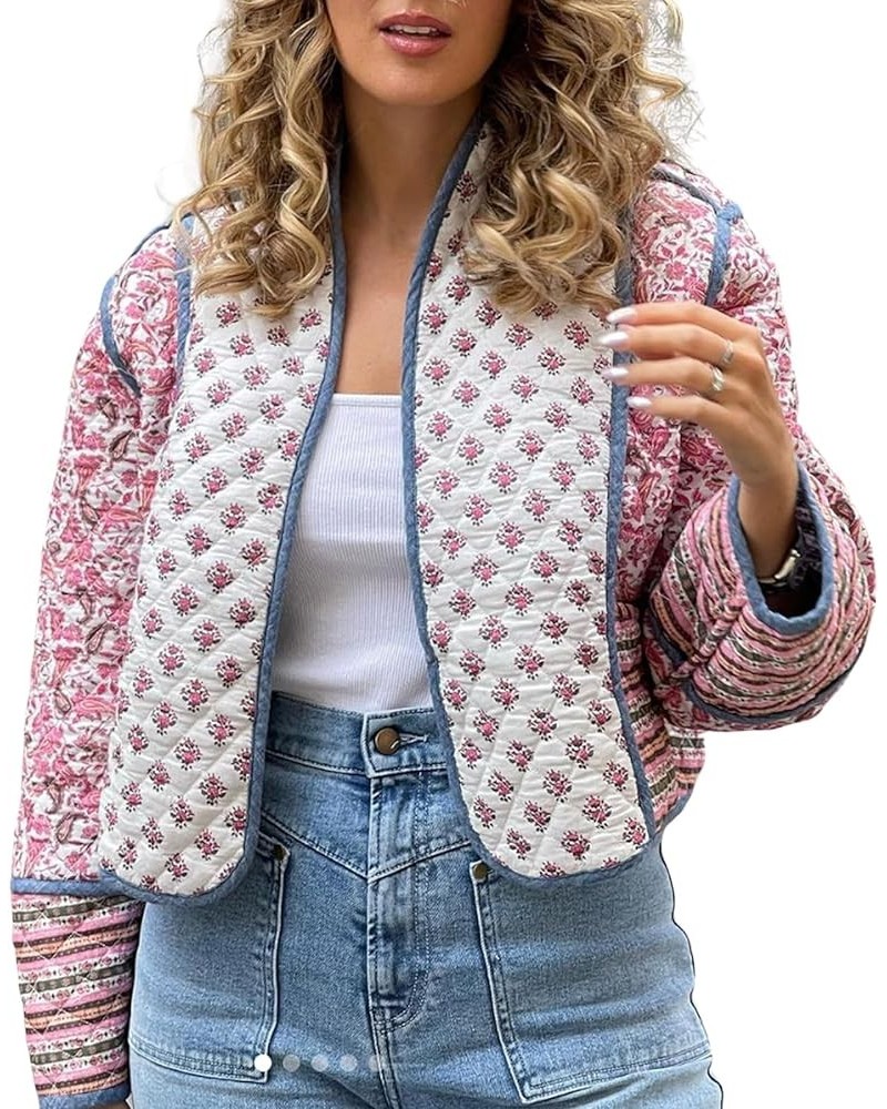 Women Floral Quilted Jacket Open Front Cropped Puffer Jacket Vintage Lightweight Padded Coat Ethnic Cardigan Outwear A Croppe...