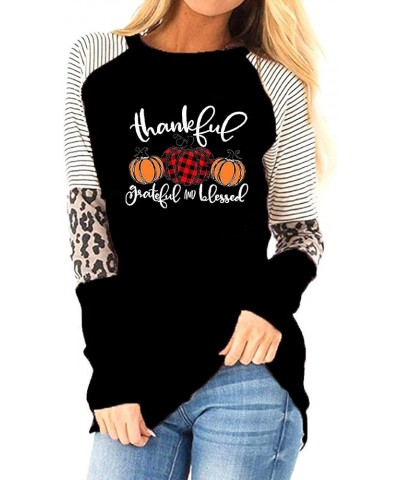 Thankful Grateful Blessed Print T Shirt Women Thanksgiving Pumpkin Long Sleeve Blouse Leopard Printed Striped Fall Tee Black ...