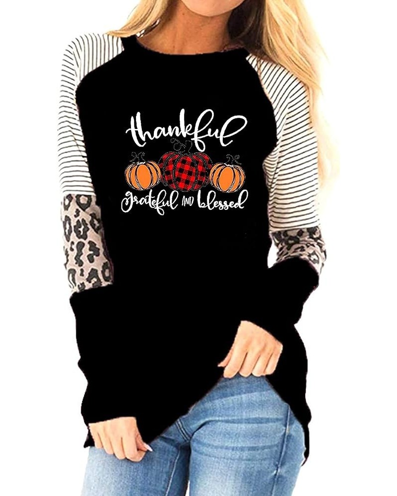 Thankful Grateful Blessed Print T Shirt Women Thanksgiving Pumpkin Long Sleeve Blouse Leopard Printed Striped Fall Tee Black ...