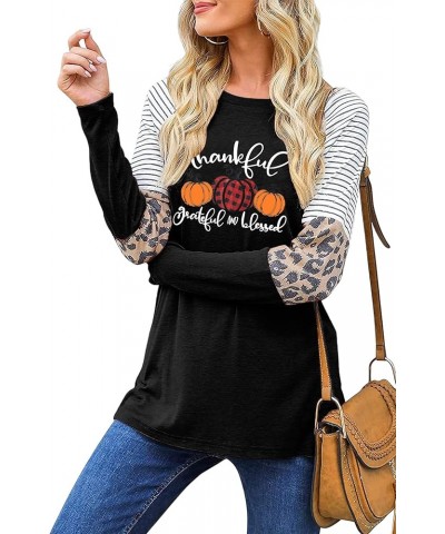 Thankful Grateful Blessed Print T Shirt Women Thanksgiving Pumpkin Long Sleeve Blouse Leopard Printed Striped Fall Tee Black ...