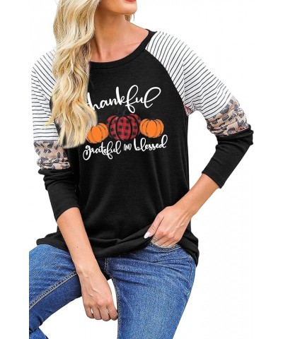 Thankful Grateful Blessed Print T Shirt Women Thanksgiving Pumpkin Long Sleeve Blouse Leopard Printed Striped Fall Tee Black ...