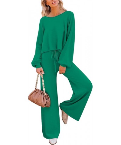 Women's 2 Piece Outfit Sweater Set Long Sleeve Crop Knit Top and Wide Leg Long Pants Sweatsuit Emerald Green $29.06 Activewear