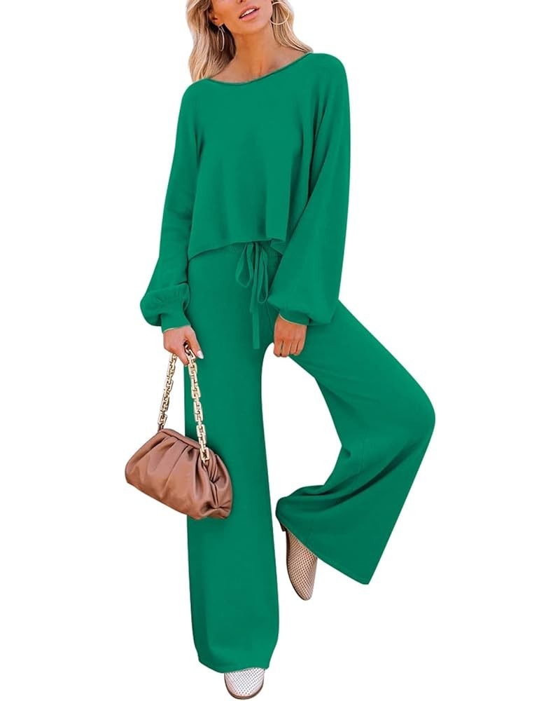 Women's 2 Piece Outfit Sweater Set Long Sleeve Crop Knit Top and Wide Leg Long Pants Sweatsuit Emerald Green $29.06 Activewear