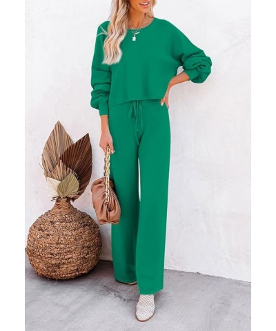 Women's 2 Piece Outfit Sweater Set Long Sleeve Crop Knit Top and Wide Leg Long Pants Sweatsuit Emerald Green $29.06 Activewear