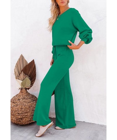 Women's 2 Piece Outfit Sweater Set Long Sleeve Crop Knit Top and Wide Leg Long Pants Sweatsuit Emerald Green $29.06 Activewear