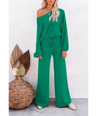 Women's 2 Piece Outfit Sweater Set Long Sleeve Crop Knit Top and Wide Leg Long Pants Sweatsuit Emerald Green $29.06 Activewear