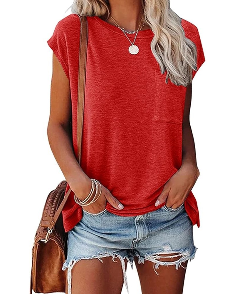 Womens Summer Short Cap Sleeve Shirts Solid Loose Fit Pocket Tunic Tops Solid Red $10.00 Tops