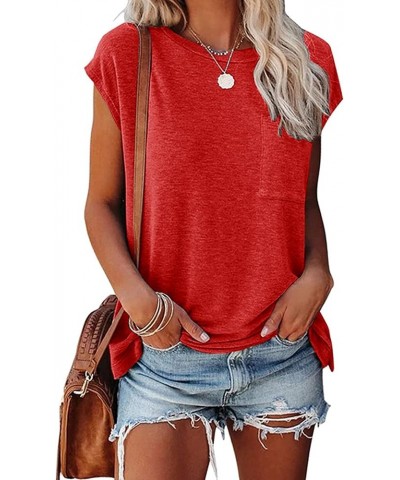 Womens Summer Short Cap Sleeve Shirts Solid Loose Fit Pocket Tunic Tops Solid Red $10.00 Tops