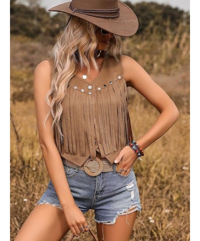 Women's Sleeveless Beaded Fringe Hem Vest Jacket Boho V Neck Button Down Crop Vests Brown $20.05 Vests