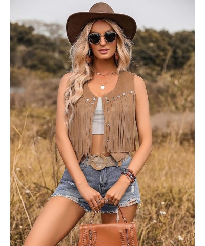 Women's Sleeveless Beaded Fringe Hem Vest Jacket Boho V Neck Button Down Crop Vests Brown $20.05 Vests