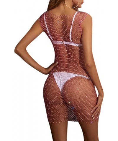 Women Sparkly Rhinestones Mesh See Through Bodycon Midi Dress Sexy Hollow Out Beach Bikini Cover Up Rave Festival Outfit Hot ...