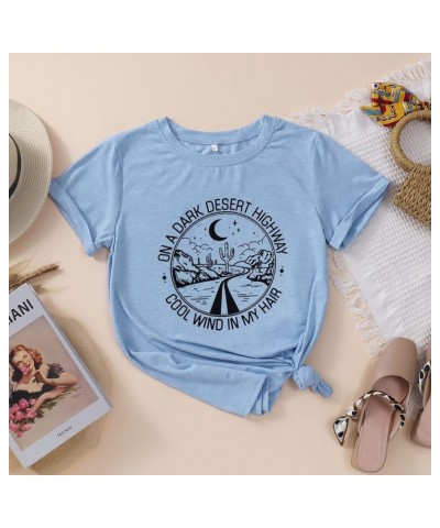 Women Adventure Shirt Desert Highway T-Shirt Music Lyrics Graphic Tee Casual Short Sleeve Summer Music Lover Tops Light Blue-...