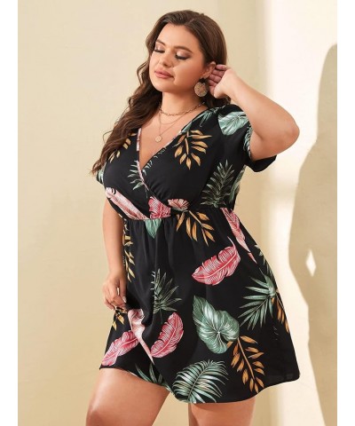 Women's Plus Size Tropical Short Sleeve Wrap V Neck A Line Flared Dress Black Green $16.52 Dresses