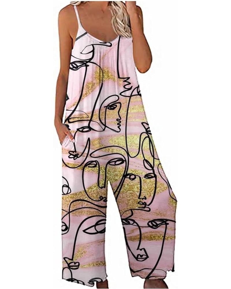 Womens Cute Butterfly Print Jumpsuits Casual Loose Baggy Wide Leg Spaghetti Strap Overalls Long Pants Romper 05 Pink $10.70 J...